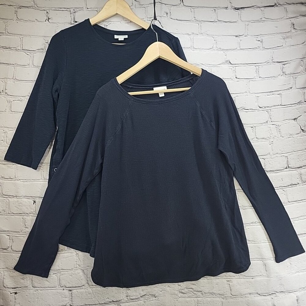 J Jill Sweater Lot Of 2 Womens L Black Navy Blue Waffle Knit Tunic Pull-Overs